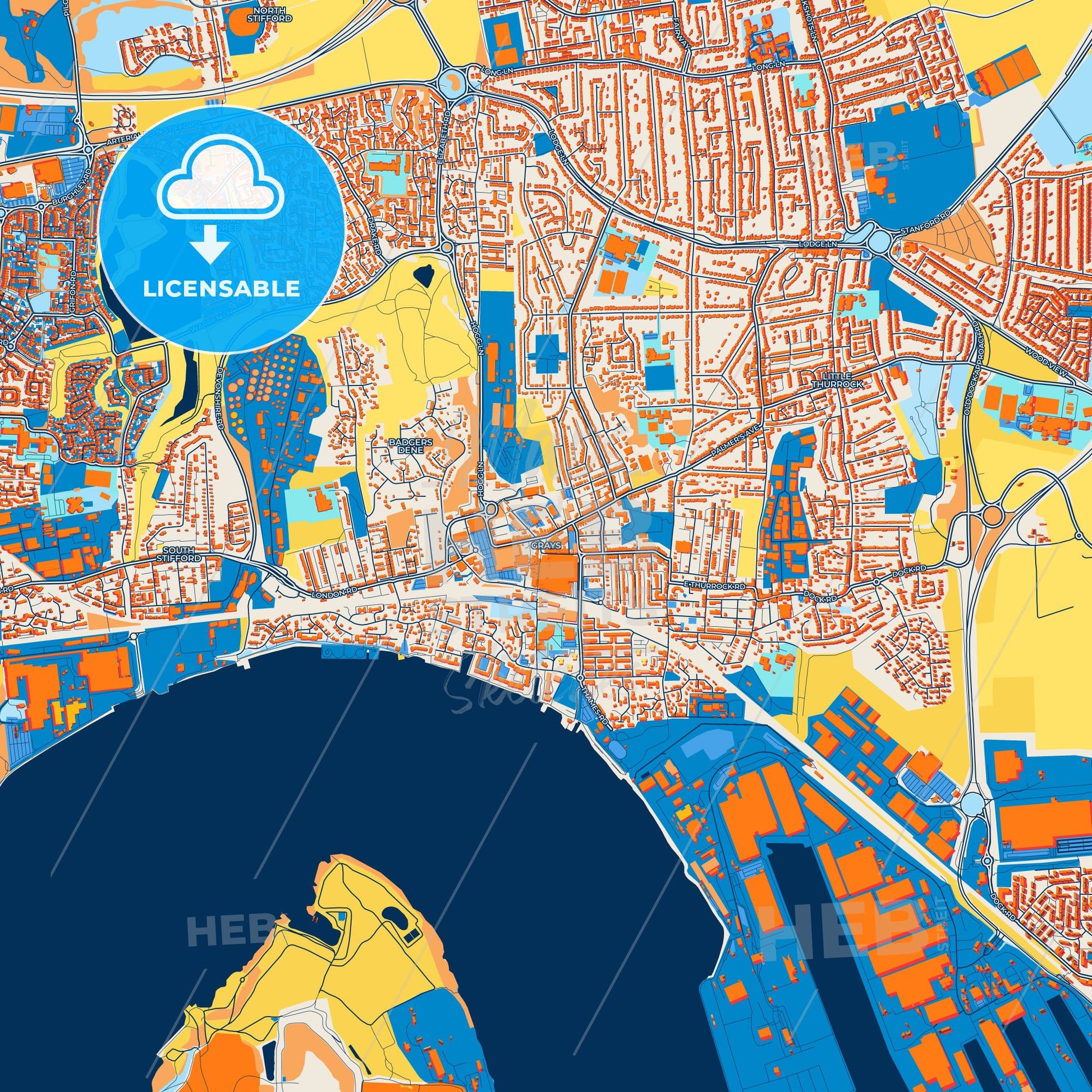 Colorful Grays Street Map with Labels and Buildings