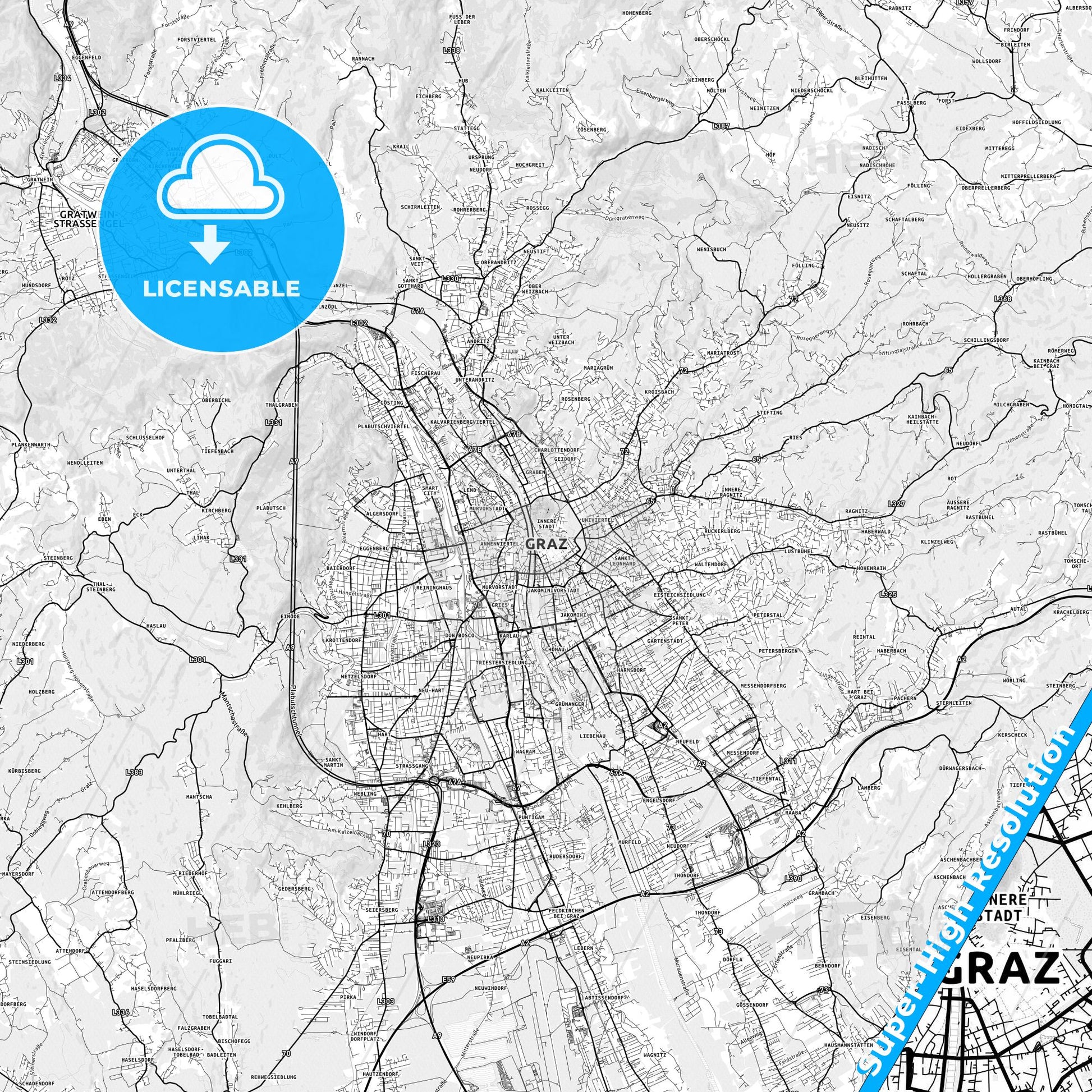 Graz, Austria light map with streetnames, citynames and districts