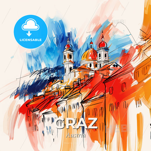 Vibrant Graz, Austria - A Painting Of Buildings With Towers And Domes - Square format print template