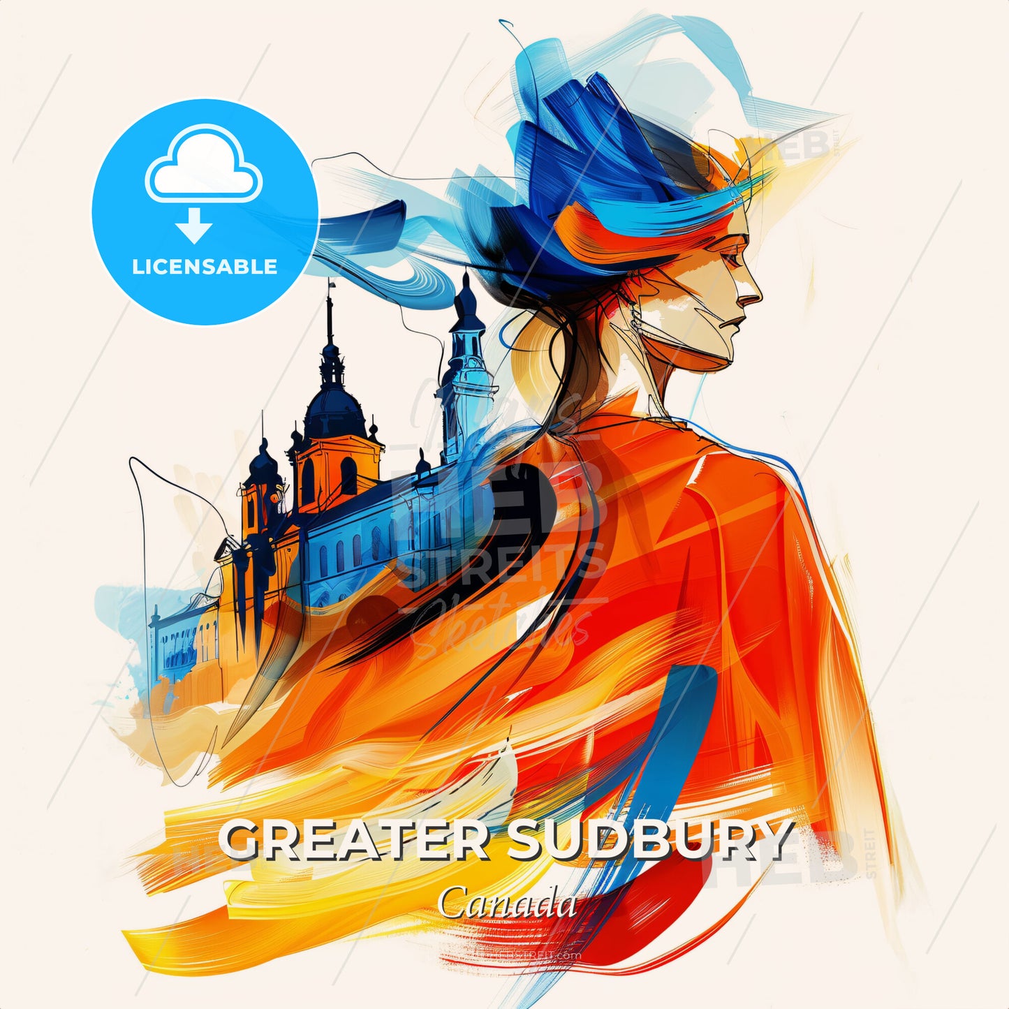 Vibrant Greater Sudbury, Canada - A Woman In A Hat And A Building - Square format print template