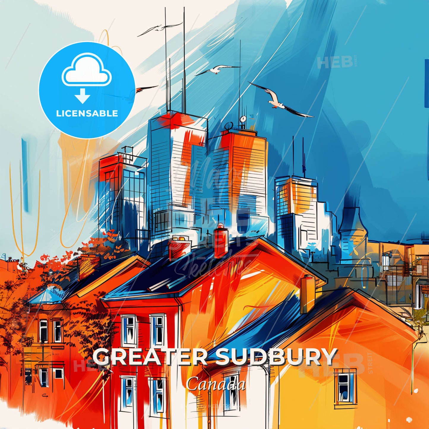 Vibrant Greater Sudbury, Canada - A Painting Of A City With Buildings And Birds - Square format print template