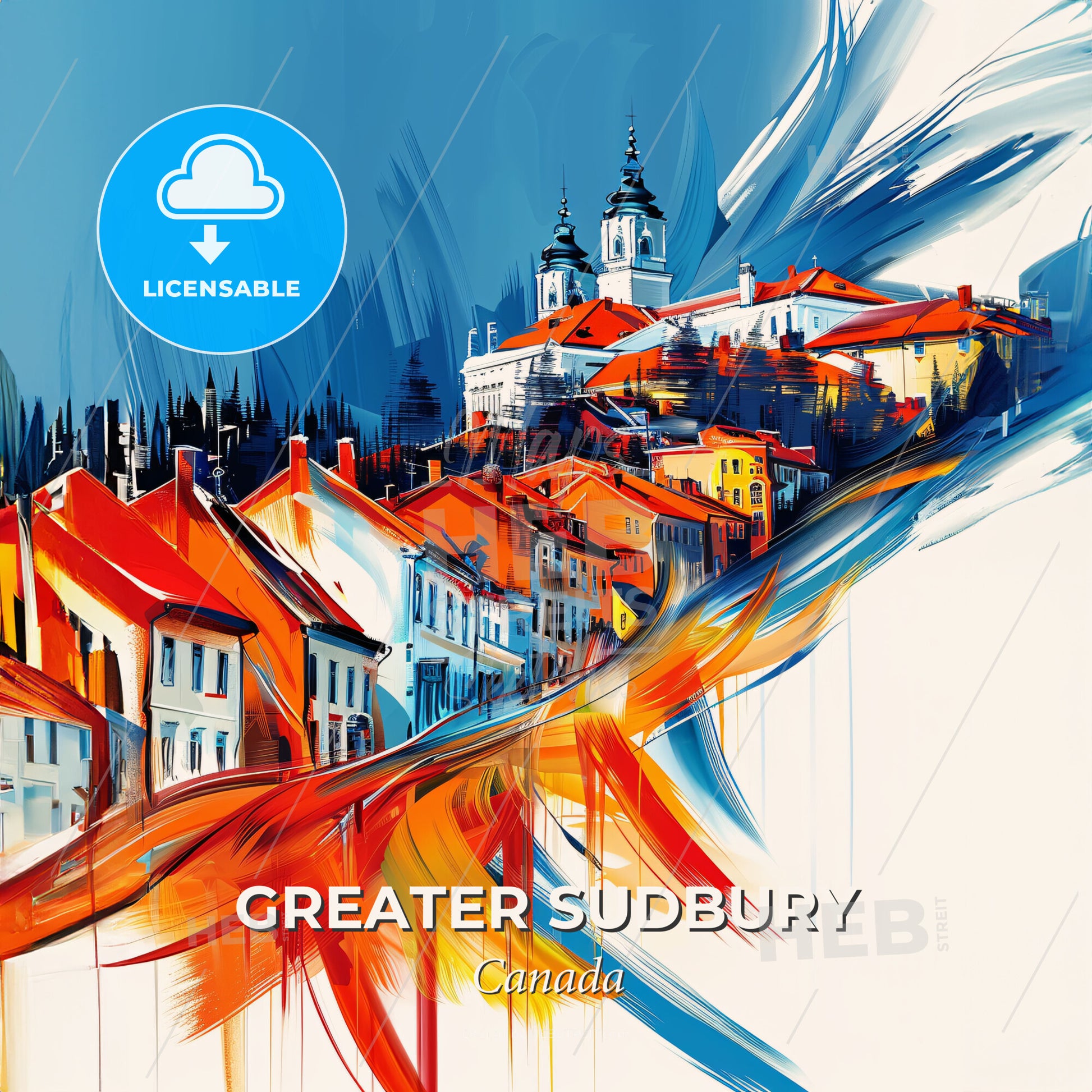Vibrant Greater Sudbury, Canada - A Painting Of A Town - Square format print template