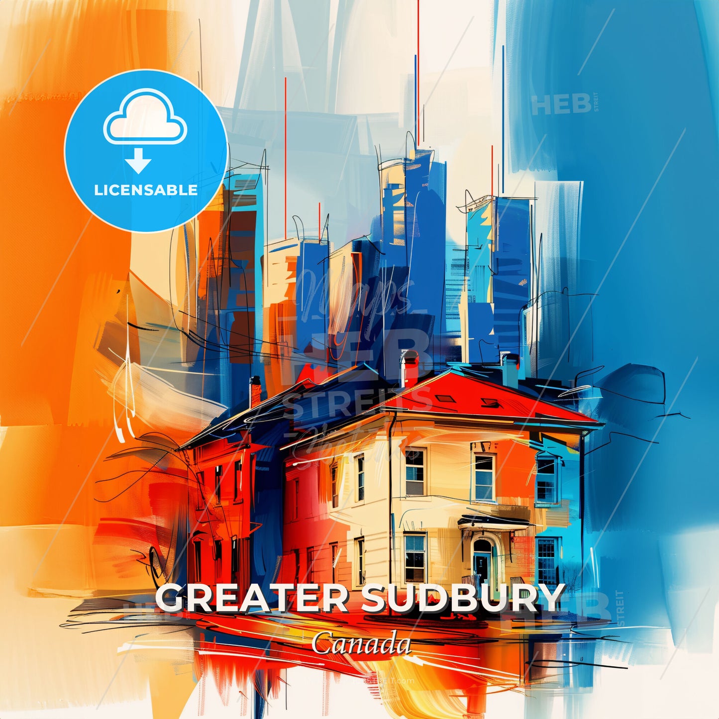 Vibrant Greater Sudbury, Canada - A Painting Of A Building And A City - Square format print template
