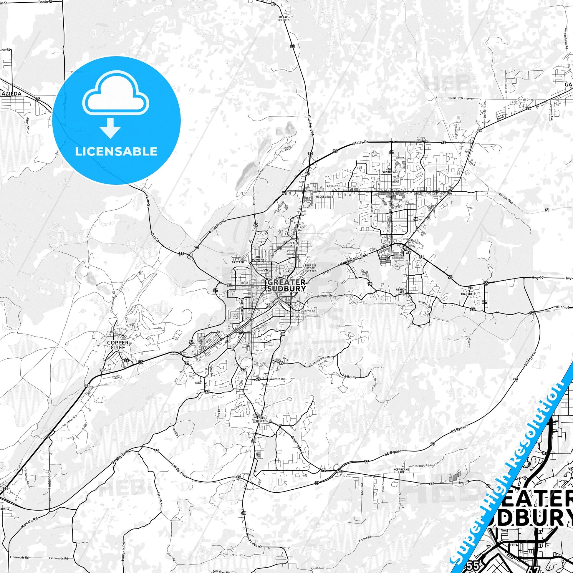 Greater Sudbury, Canada light map with streetnames, citynames and districts