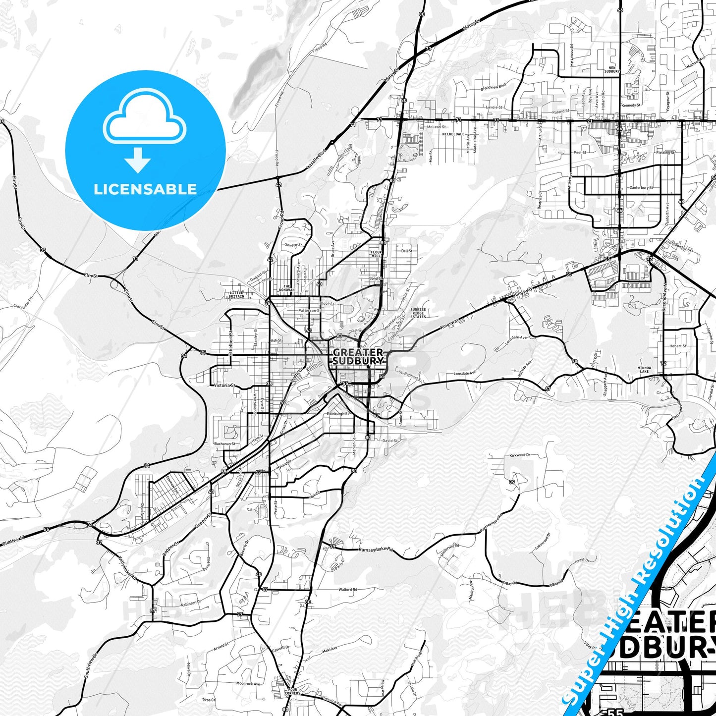 Greater Sudbury, Canada Light Map with Street Names, City Names, and Districts