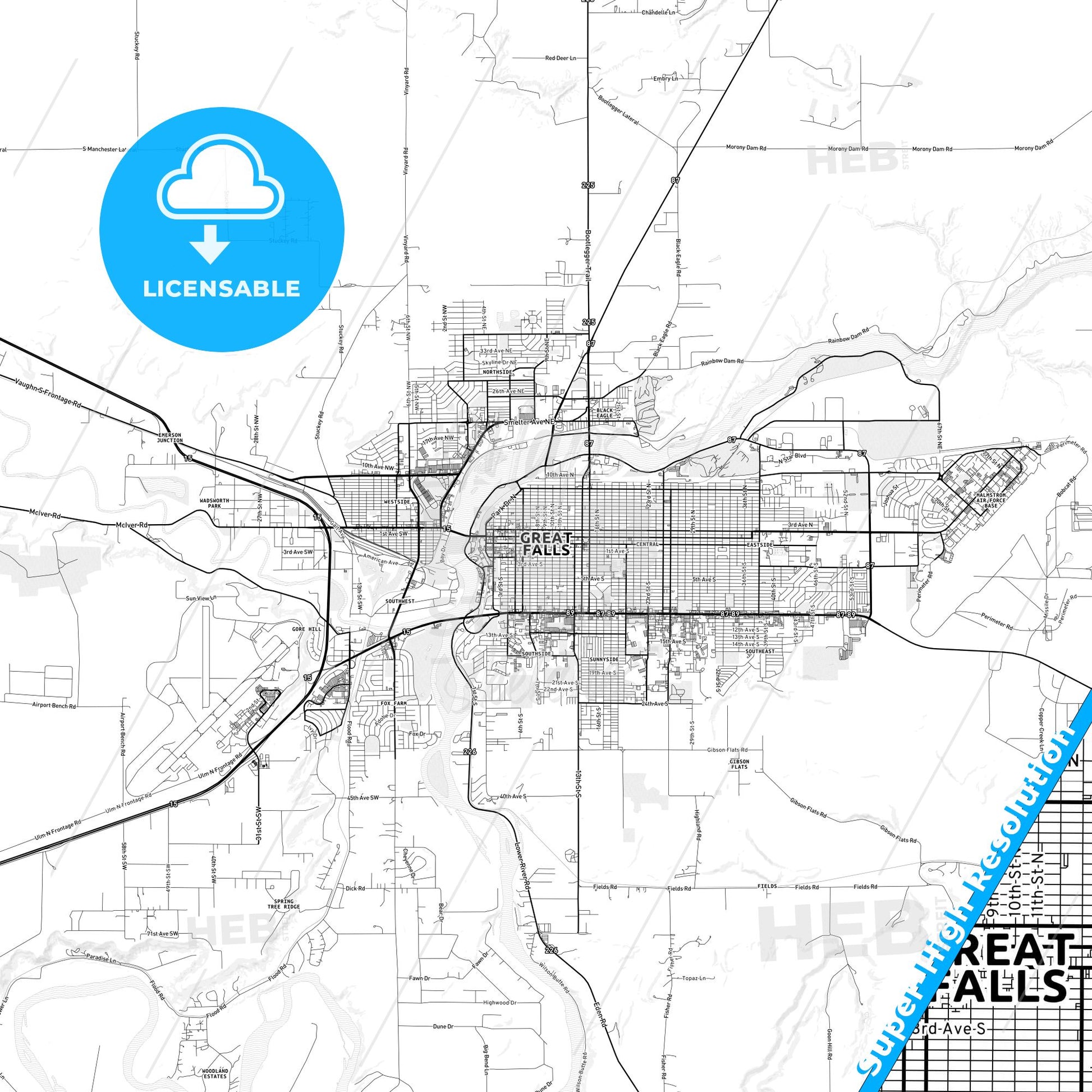 Great Falls, Montana light map with streetnames, citynames and districts
