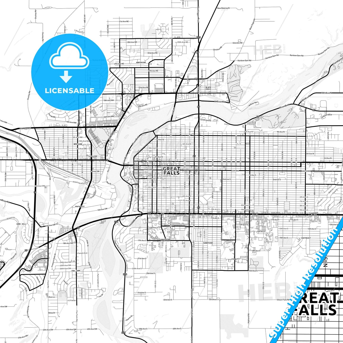 Great Falls, Montana Light Map with Street Names, City Names, and Districts
