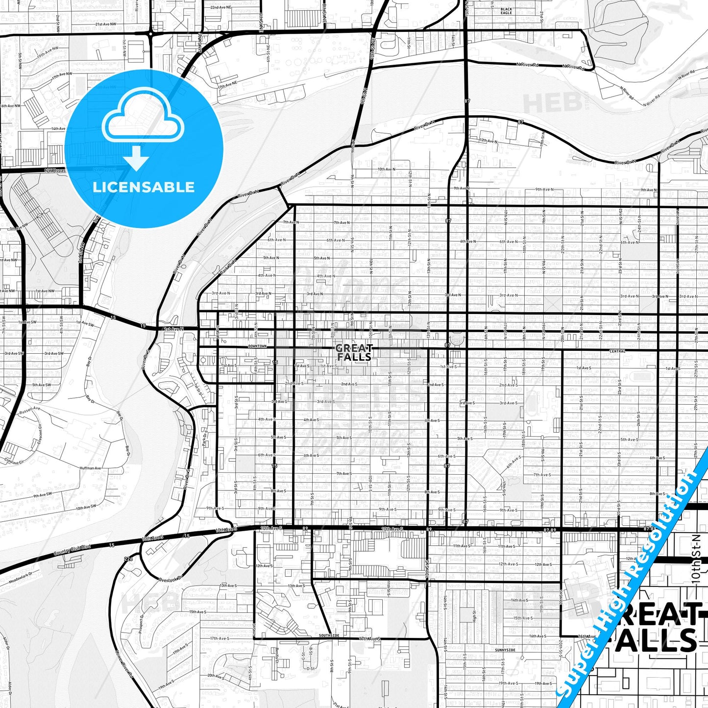 Great Falls, Montana Light Map with Street Names, City Names, and Districts