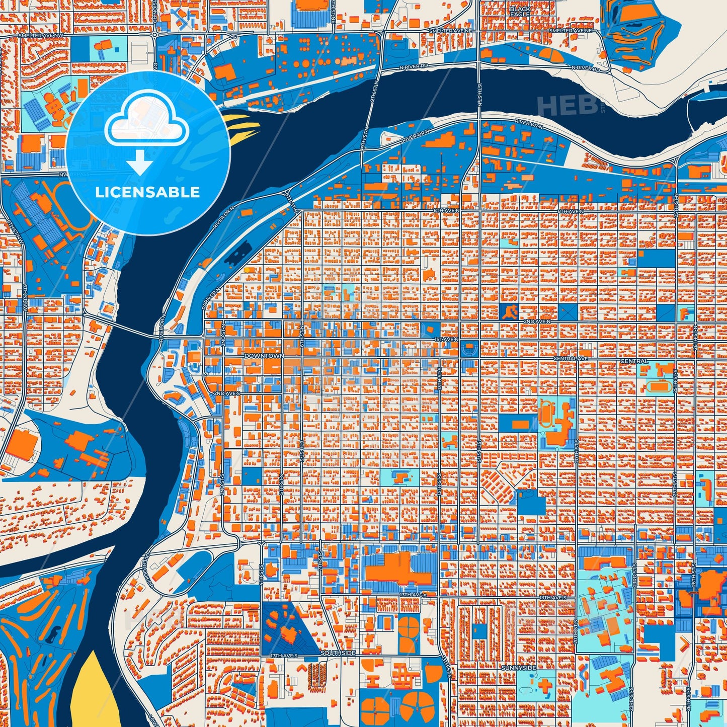 Colorful Great Falls Street Map with Labels and Buildings