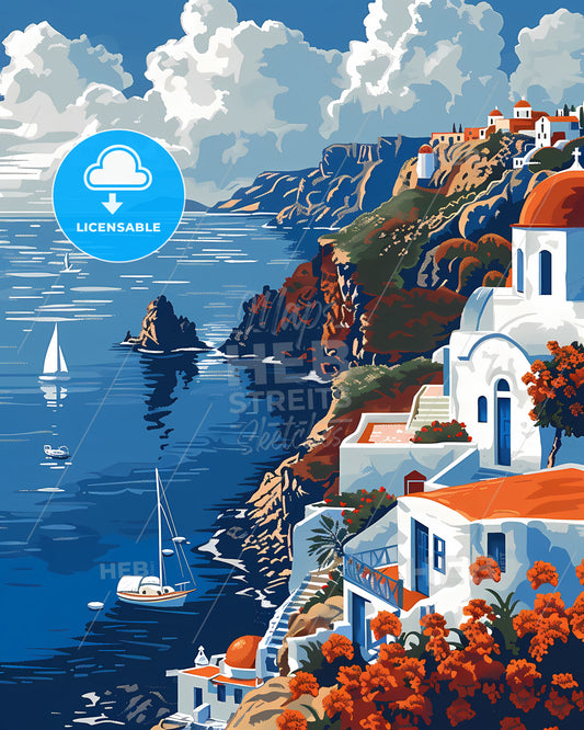 Painting, Impressionist, Greece, Europe, Artwork, Cliffside Town, Mediterranean, Seascape, Azure Waters, Vibrant Colors
