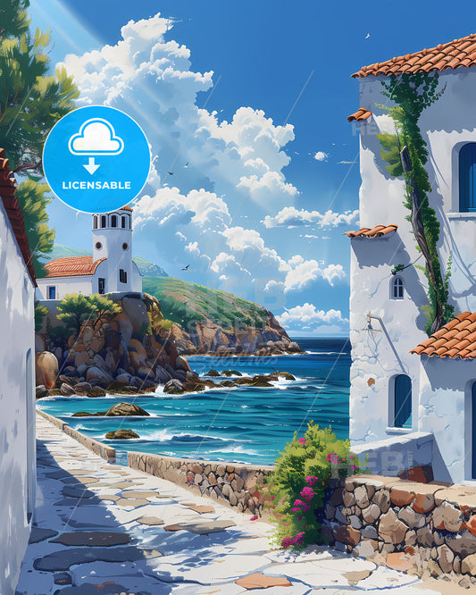 Artistic Depiction of a Vibrant Street Scene in Greece, Europe Featuring Buildings and Waterway