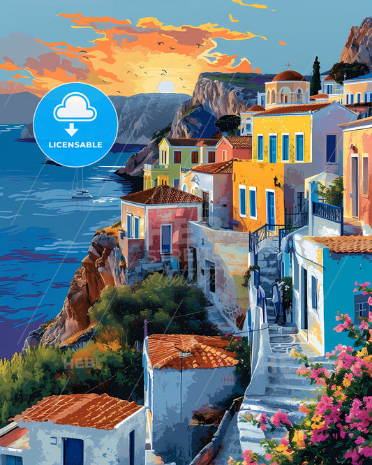 Colorful Cliffside Houses Artwork, Greece, Europe, Art, Painting, Abstract