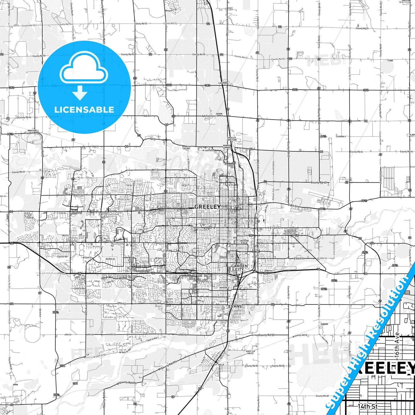 Greeley, Colorado light map with streetnames, citynames and districts