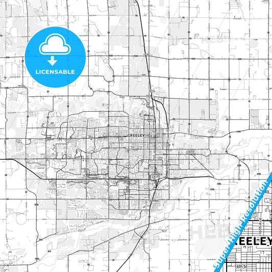 Greeley, Colorado light map with streetnames, citynames and districts