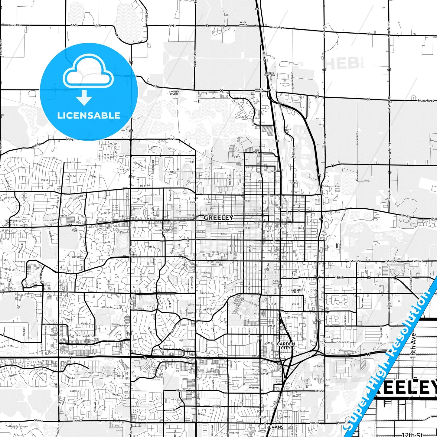 Greeley, Colorado Light Map with Street Names, City Names, and Districts