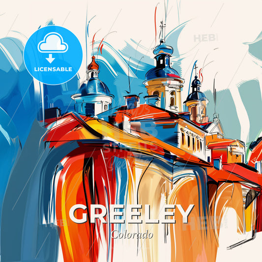 Vibrant Greeley, Colorado - A Painting Of A Building With Blue And Red Roofs - Square format print template