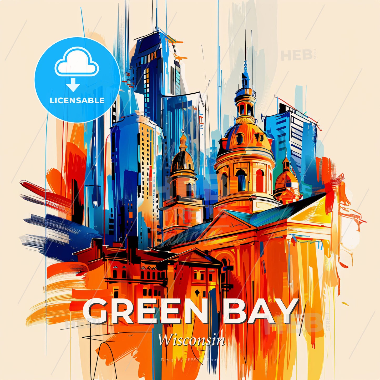 Vibrant Green Bay, Wisconsin - A Colorful Painting Of A Building - Square format print template