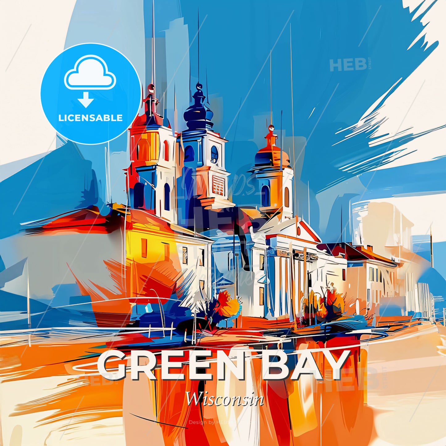 Vibrant Green Bay, Wisconsin - A Building With Towers And A Blue Sky - Square format print template