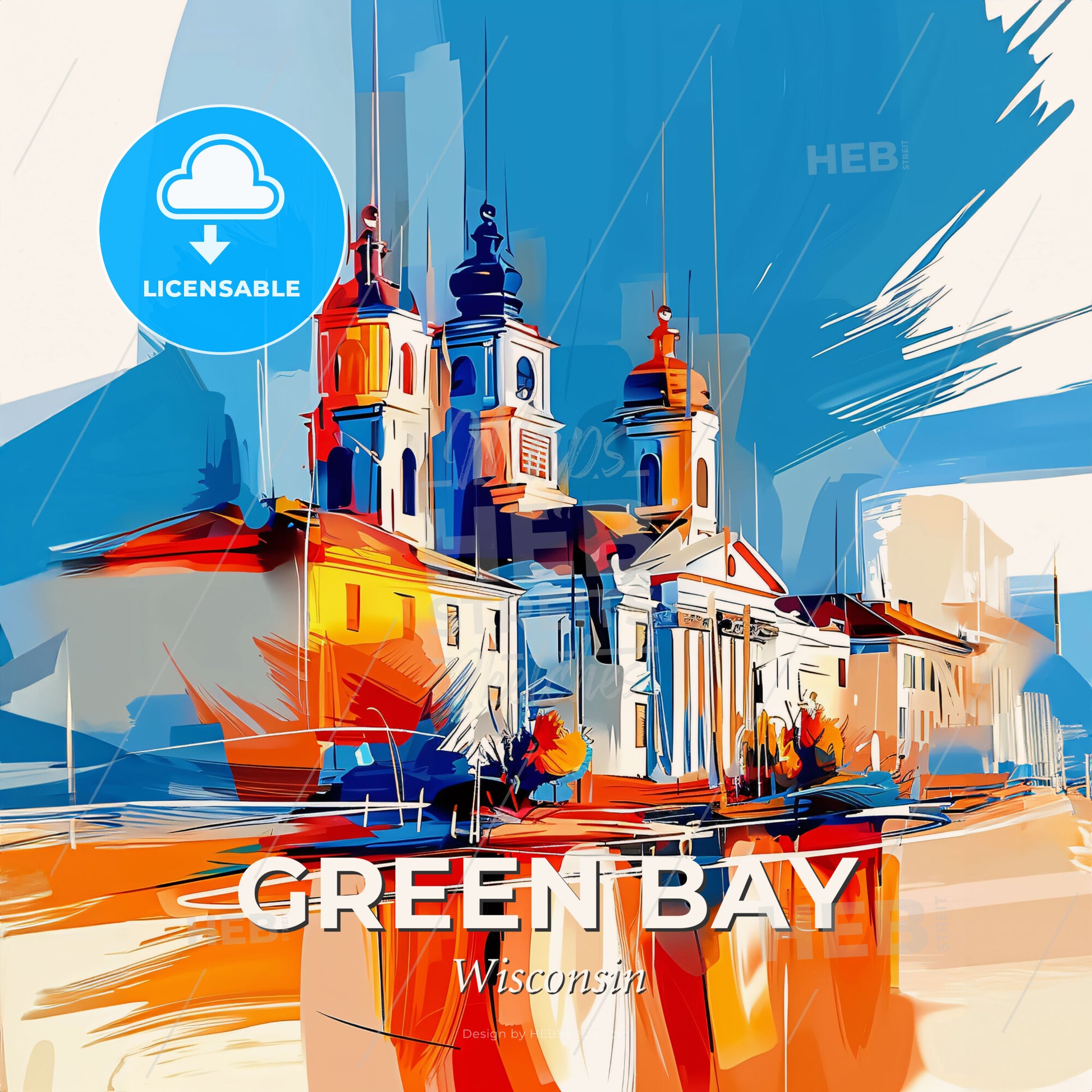 Vibrant Green Bay, Wisconsin - A Building With Towers And A Blue Sky - Square format print template