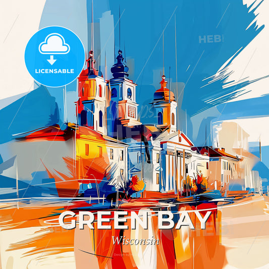 Vibrant Green Bay, Wisconsin - A Building With Towers And A Blue Sky - Square format print template