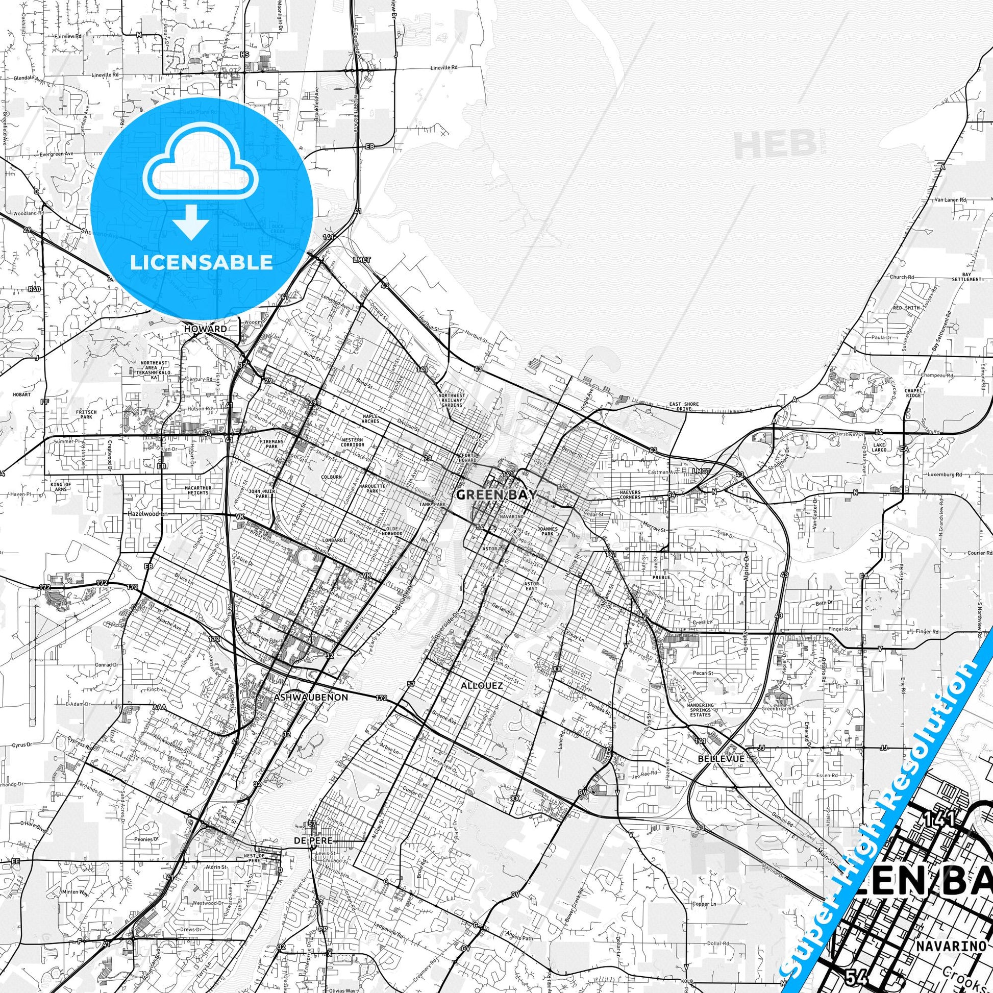 Green Bay, Wisconsin light map with streetnames, citynames and districts