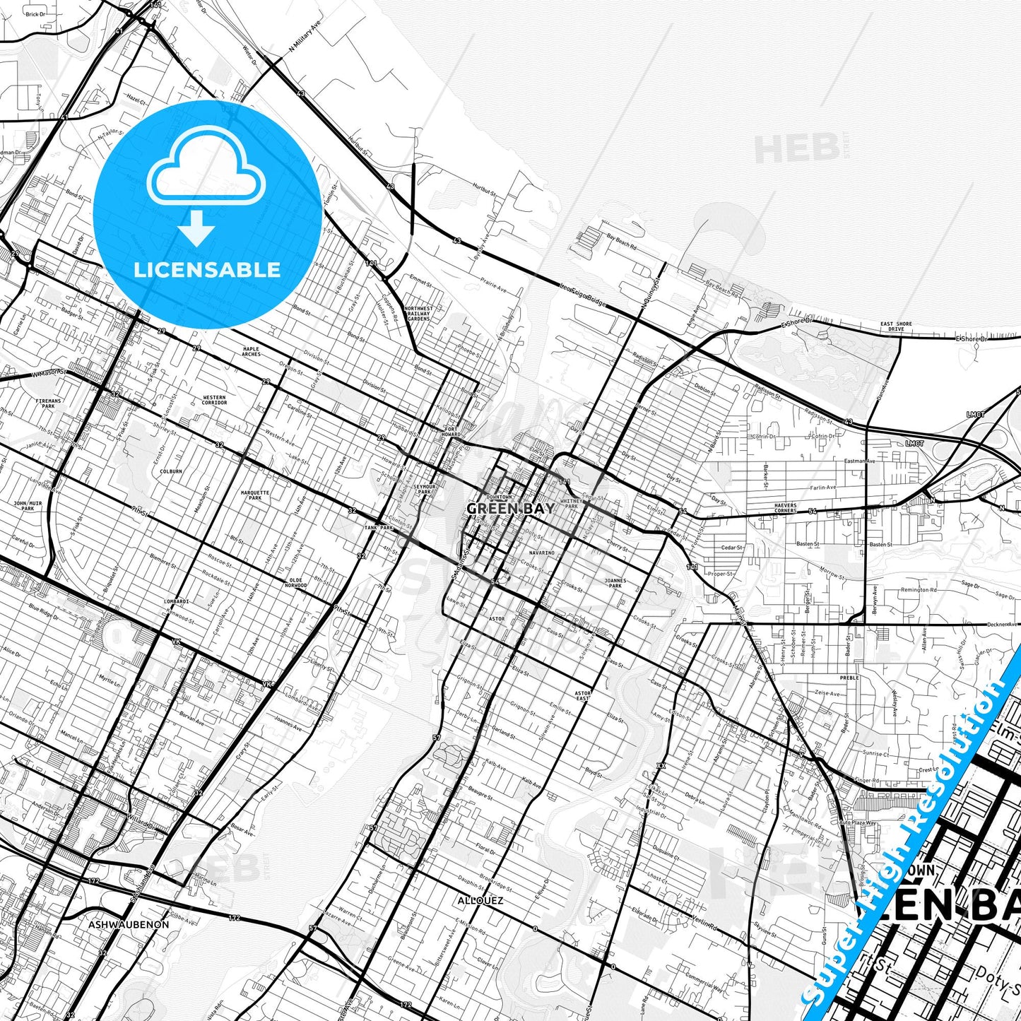 Green Bay, Wisconsin Light Map with Street Names, City Names, and Districts