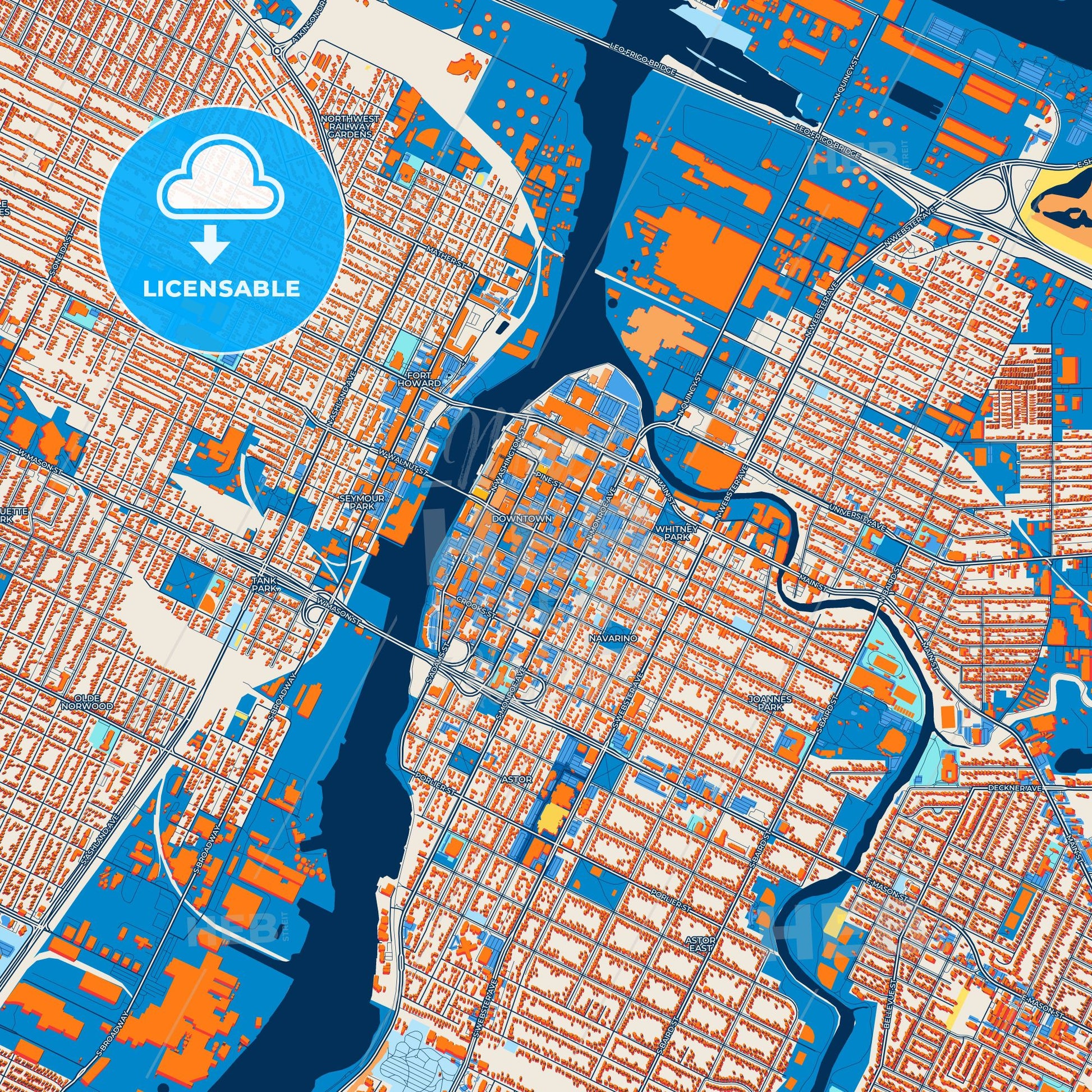 Colorful Green Bay Street Map with Labels and Buildings