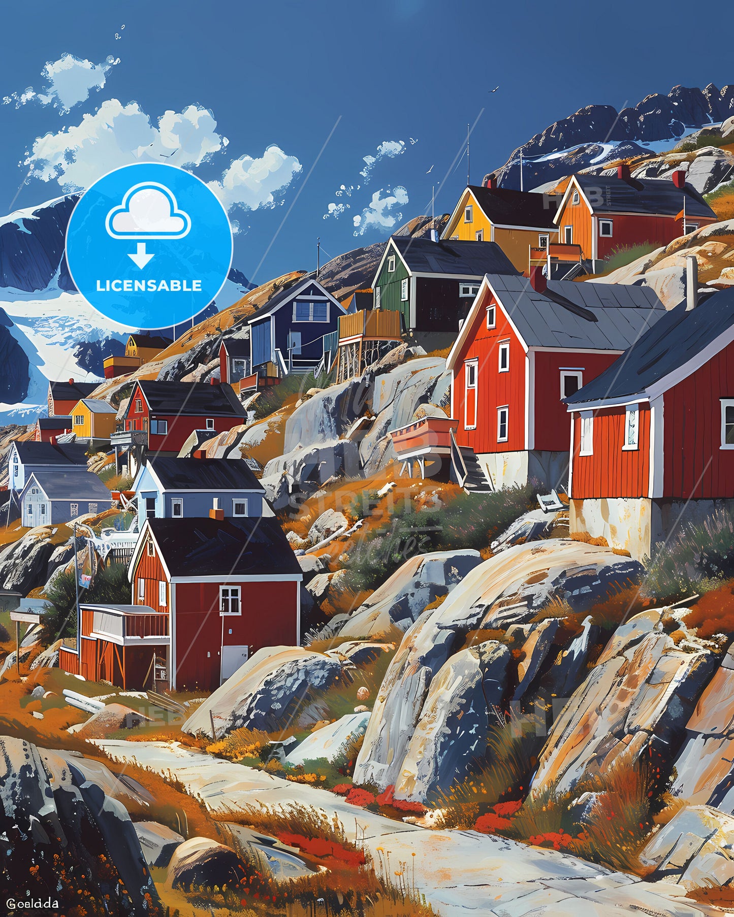 Art Print, Contemporary Painting, Modern Art, House Painting, Hillside Landscape, Abstract Art, Greenland, North America, Colorful Architecture, Home Decor