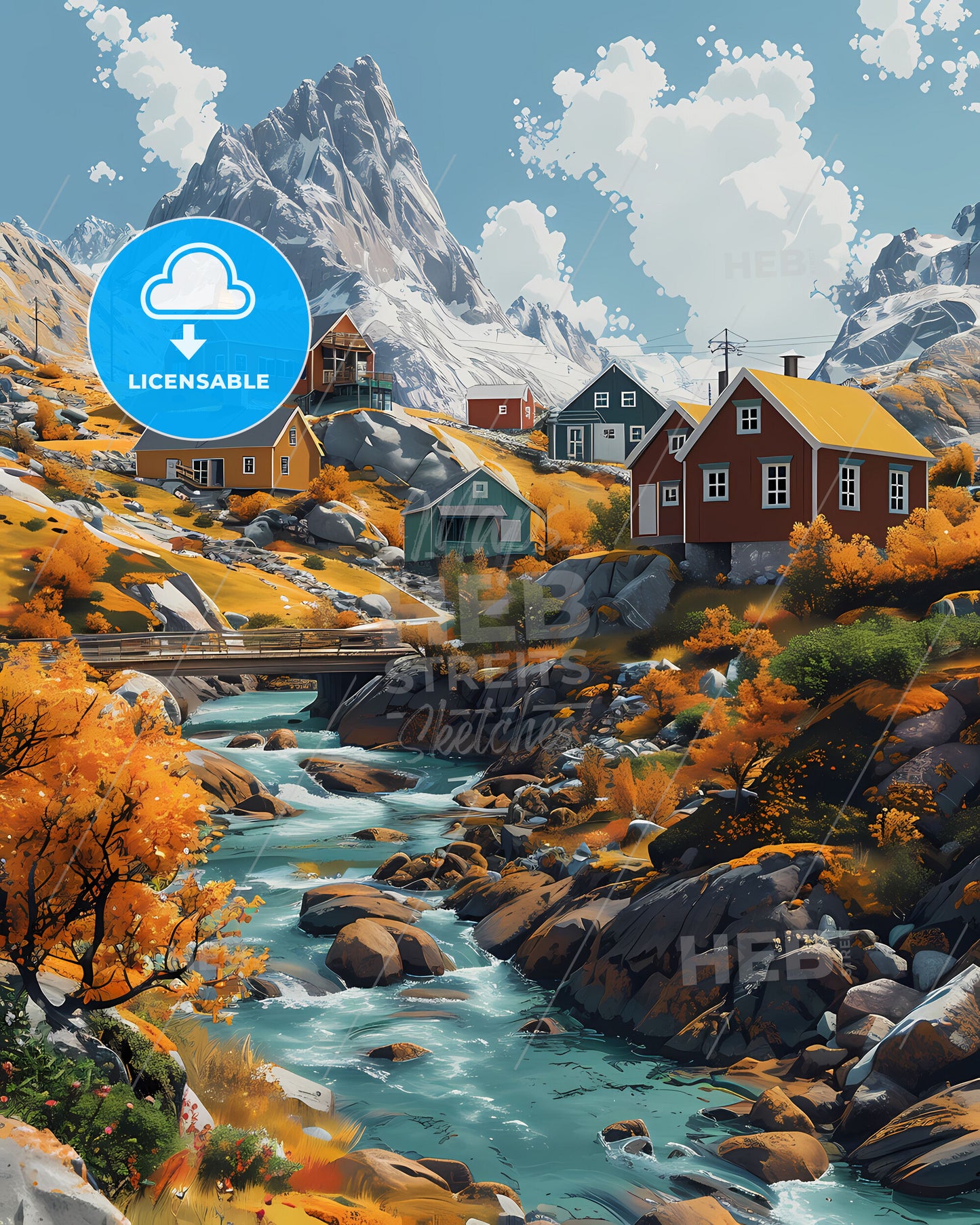 Artful Valley Scene: Colorful Painting Depicting River, Houses, and Mountains