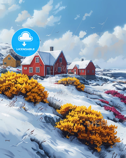 Hillside Oasis: Snow-Covered Hillside with Charming Houses and Blooming Flowers in Greenland, North America