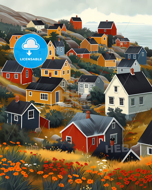 Artful Greenland Houses: Vibrant Painting of Colorful Buildings on Hill, North America