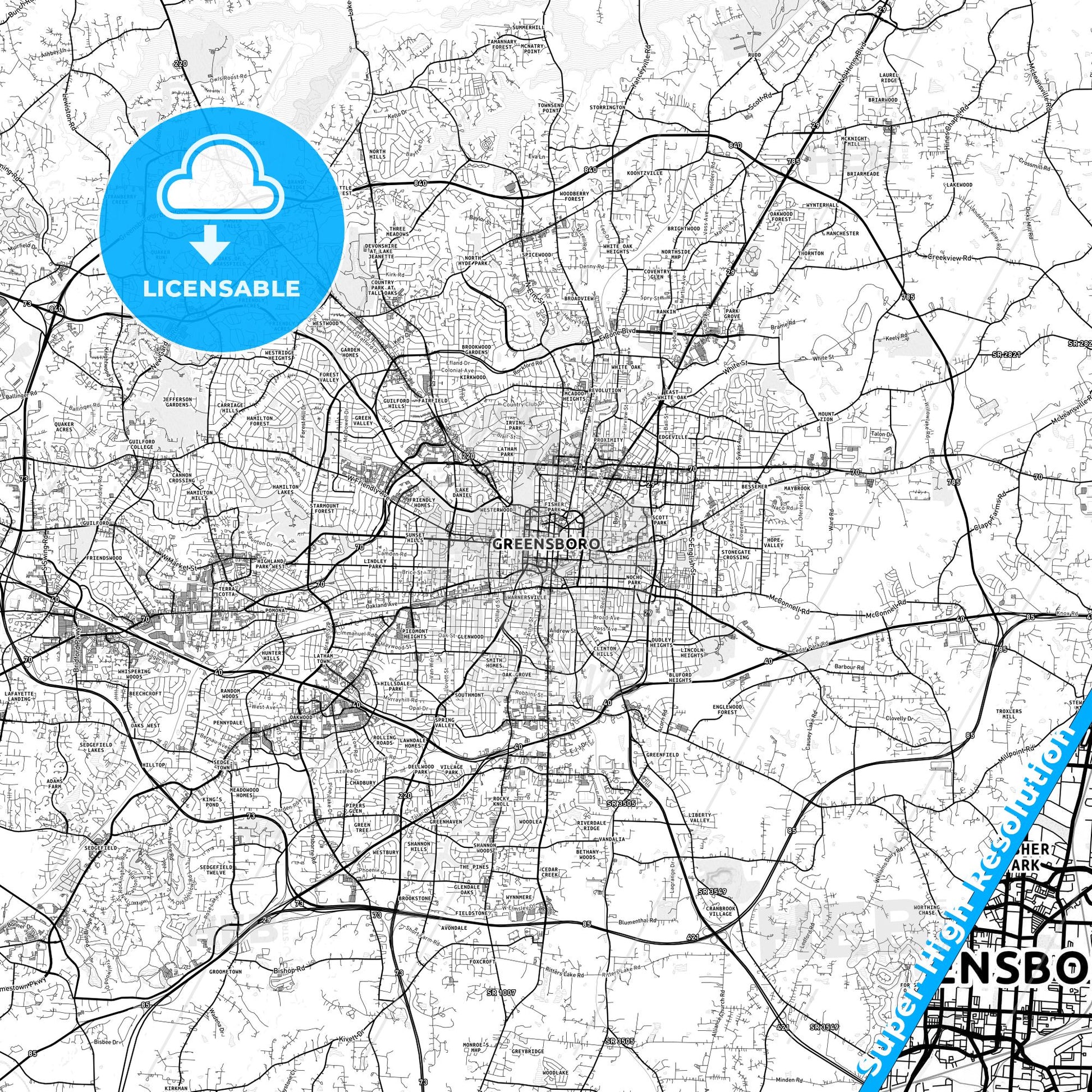 Greensboro, North Carolina light map with streetnames, citynames and districts