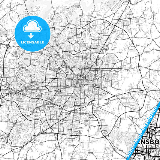 Greensboro, North Carolina light map with streetnames, citynames and districts