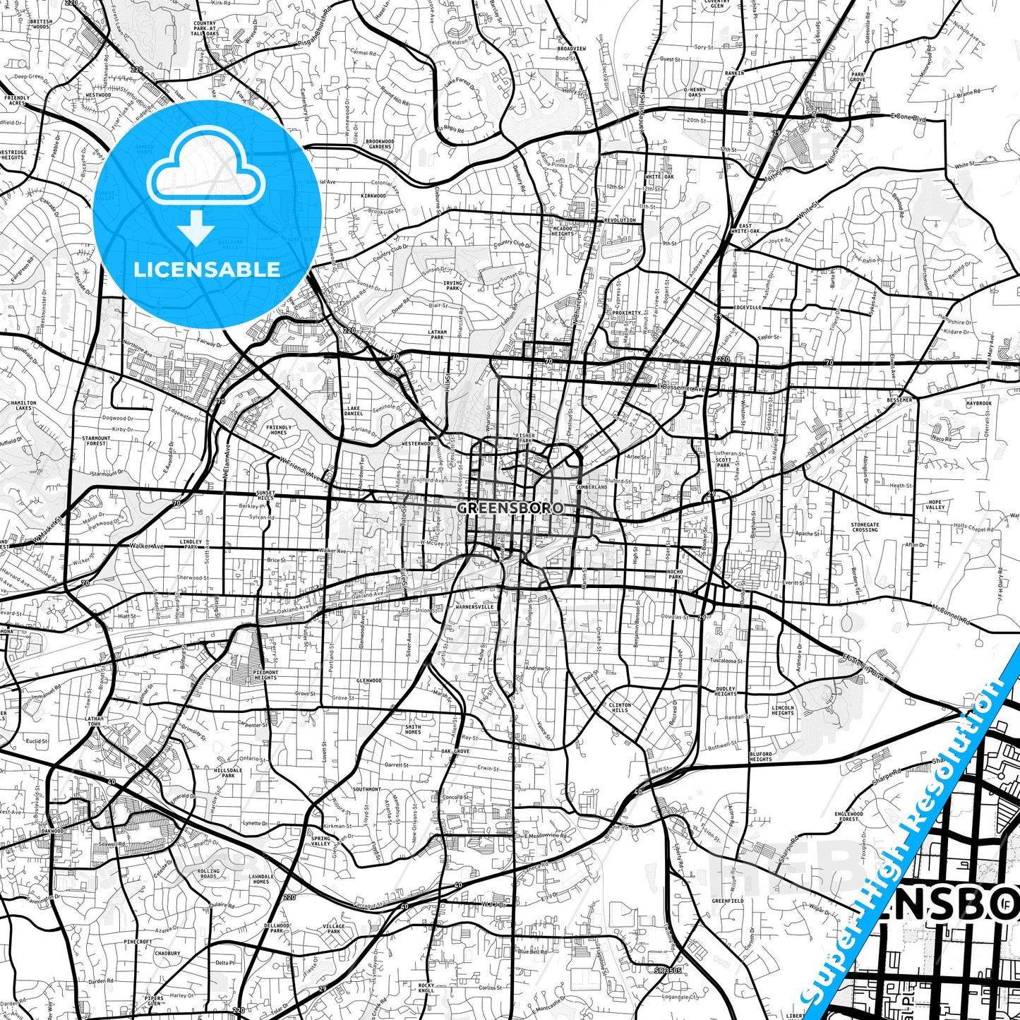 Greensboro, North Carolina Light Map with Street Names, City Names, and Districts