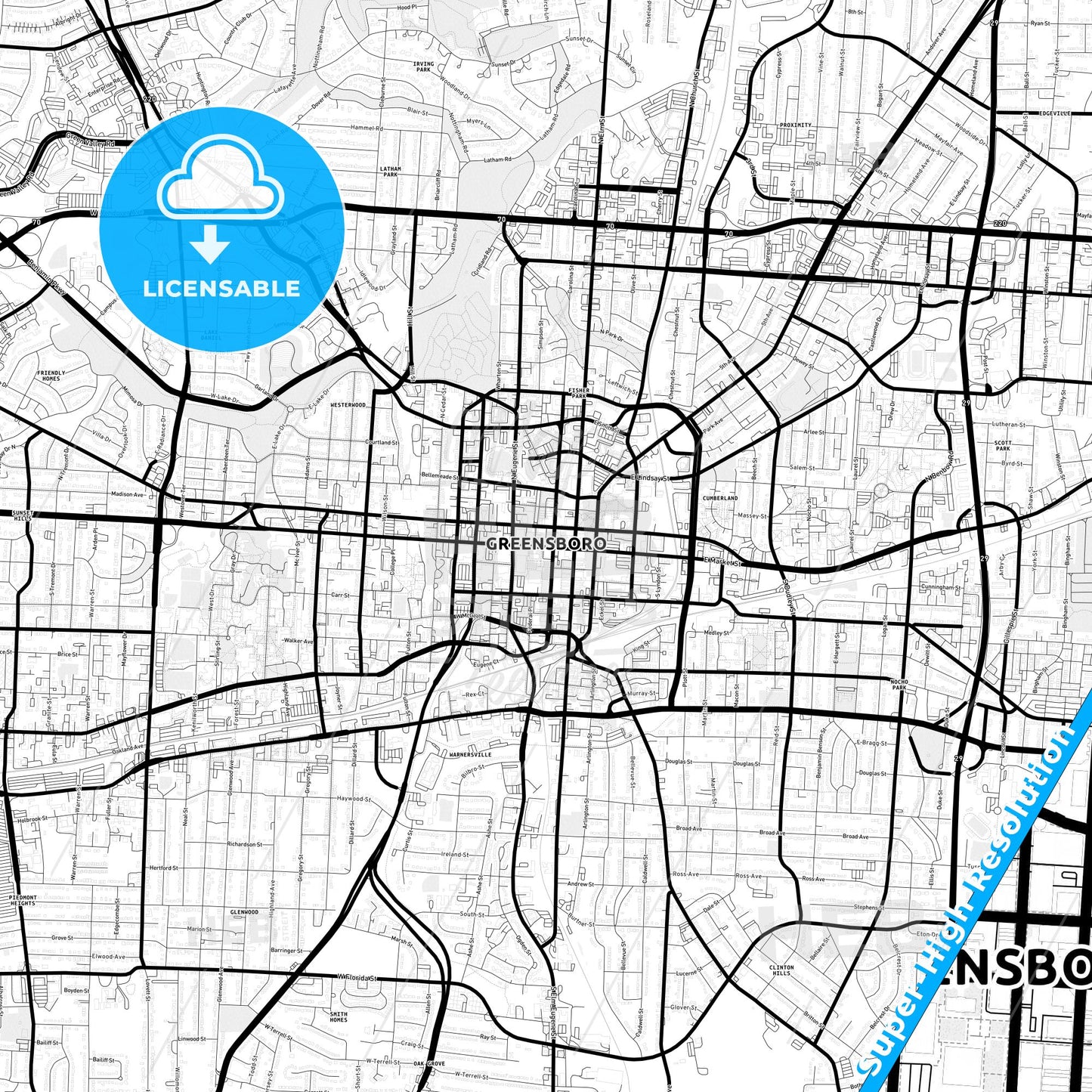 Greensboro, North Carolina Light Map with Street Names, City Names, and Districts