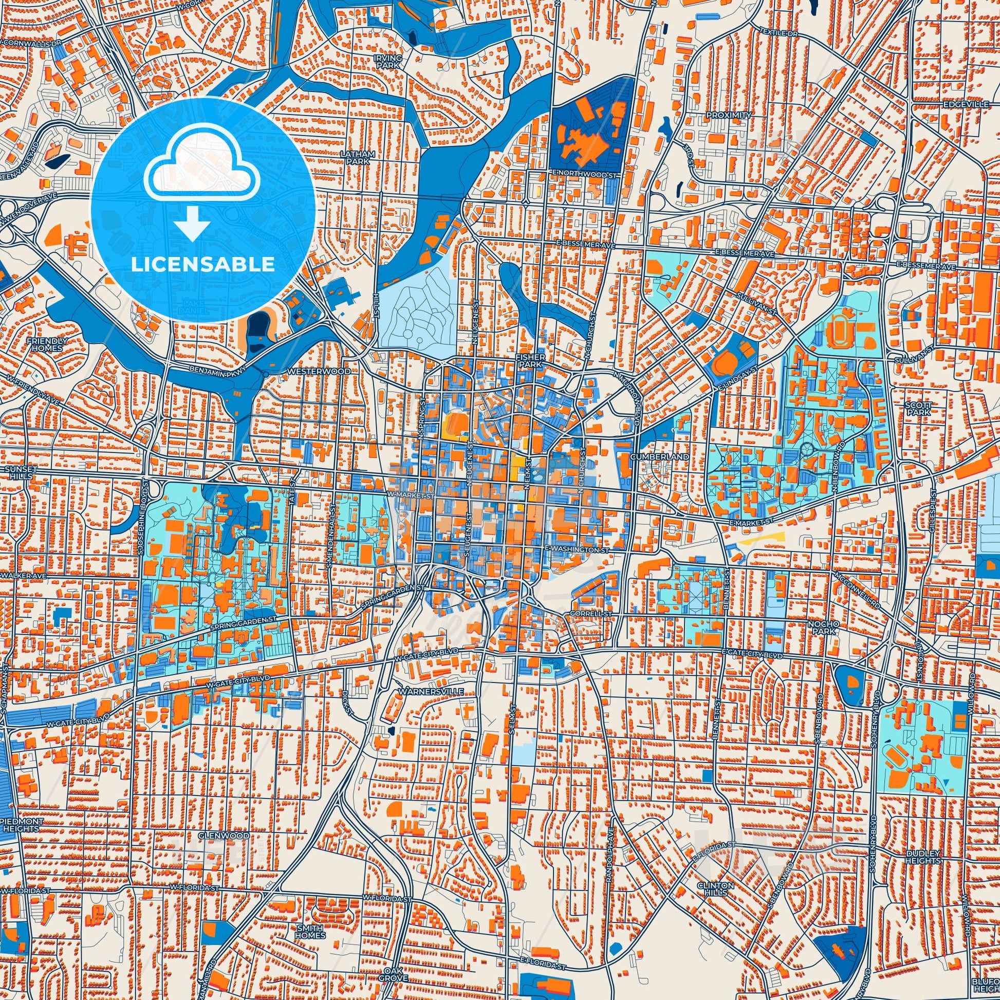 Colorful Greensboro Street Map with Labels and Buildings