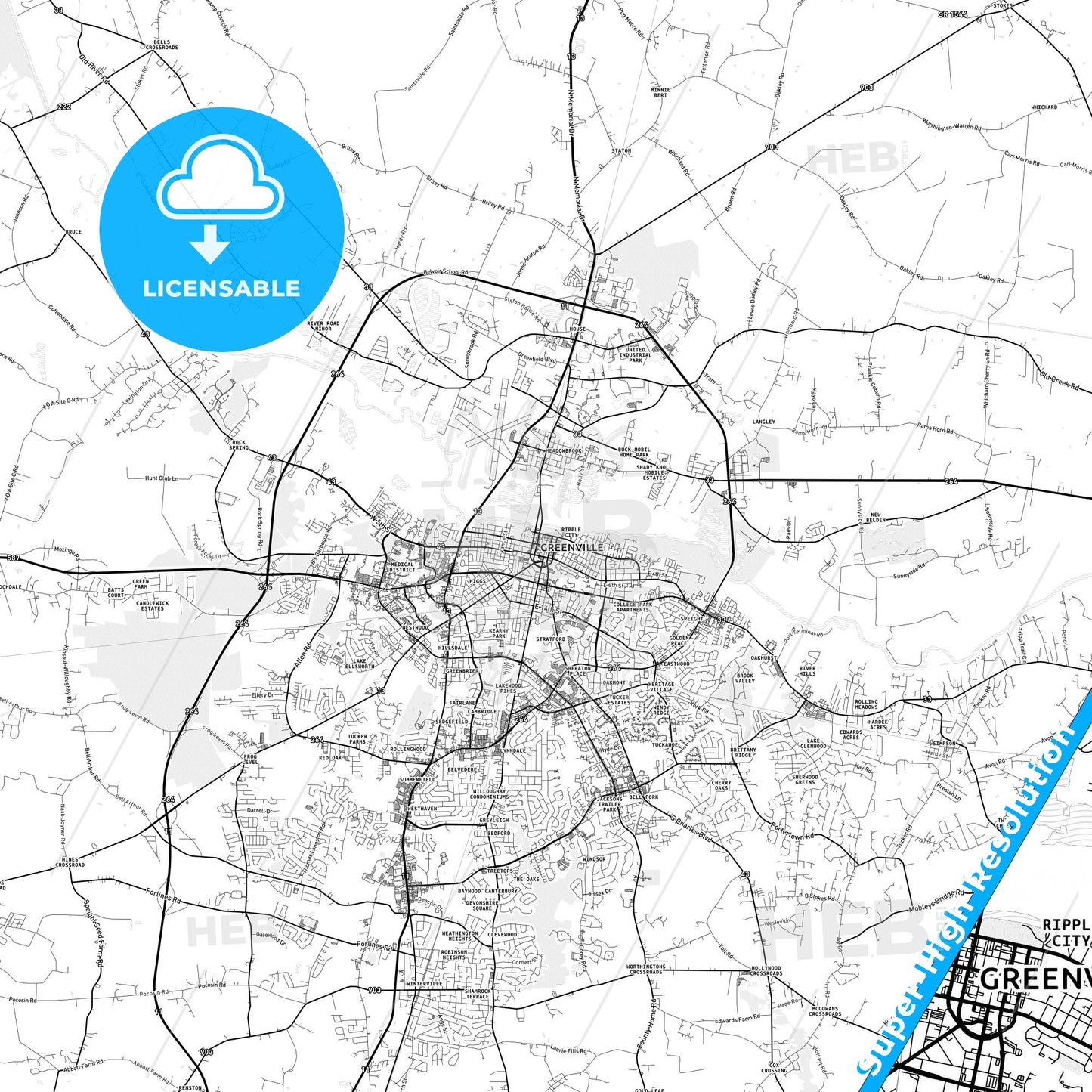 Greenville, North Carolina light map with streetnames, citynames and districts