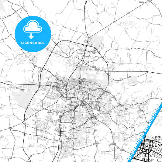 Greenville, North Carolina light map with streetnames, citynames and districts