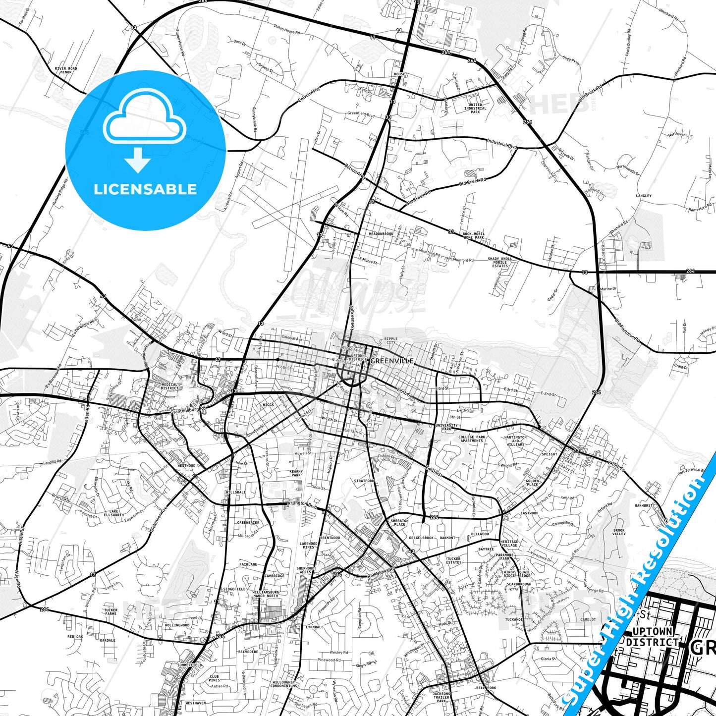Greenville, North Carolina Light Map with Street Names, City Names, and Districts