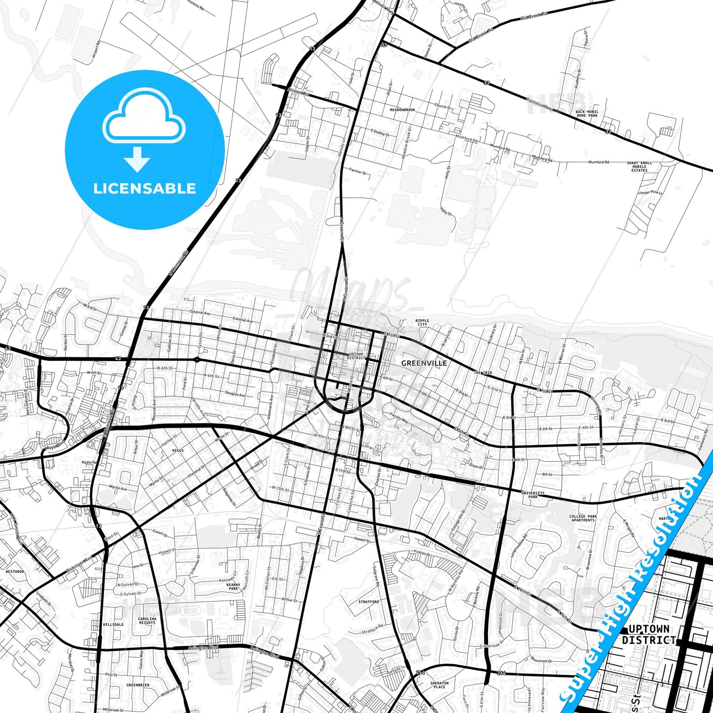 Greenville, North Carolina Light Map with Street Names, City Names, and Districts