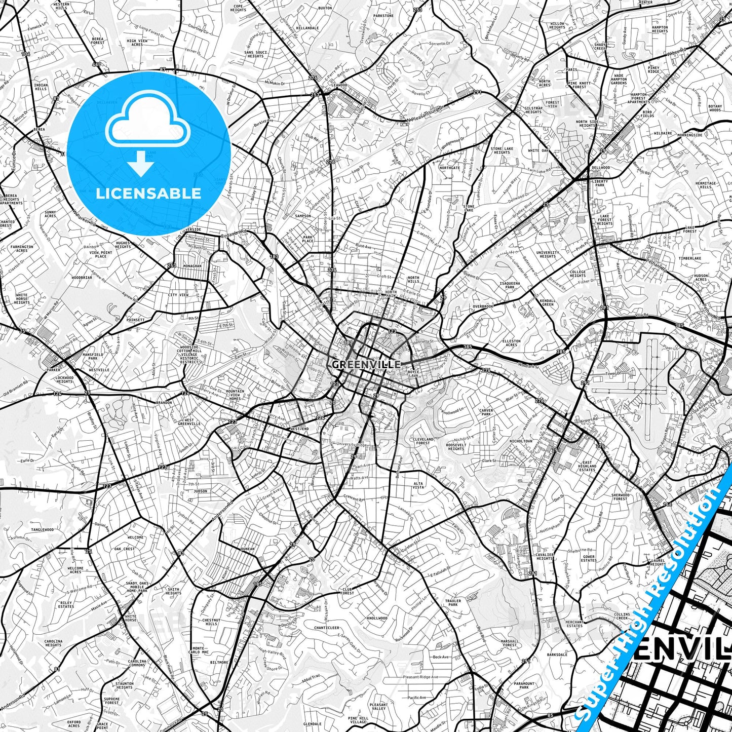 Greenville, South Carolina Light Map with Street Names, City Names, and Districts