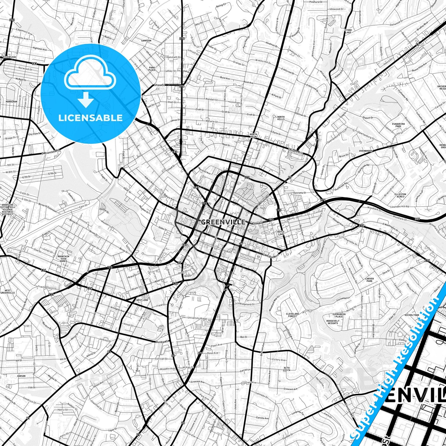 Greenville, South Carolina Light Map with Street Names, City Names, and Districts