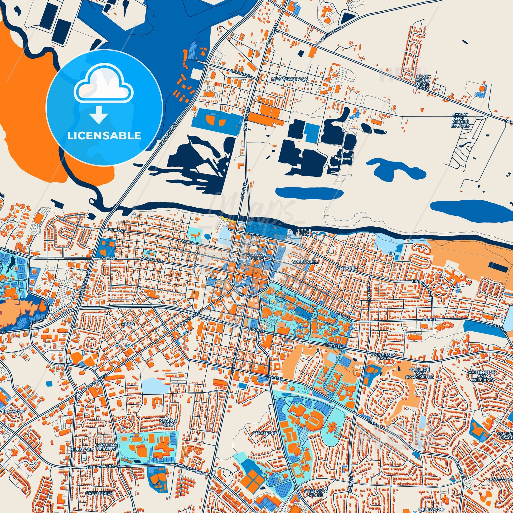 Colorful Greenville Street Map with Labels and Buildings