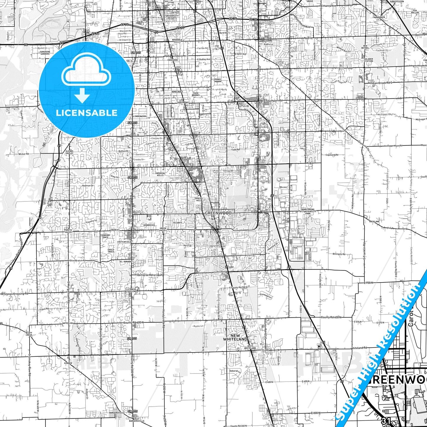 Greenwood, Indiana light map with streetnames, citynames and districts