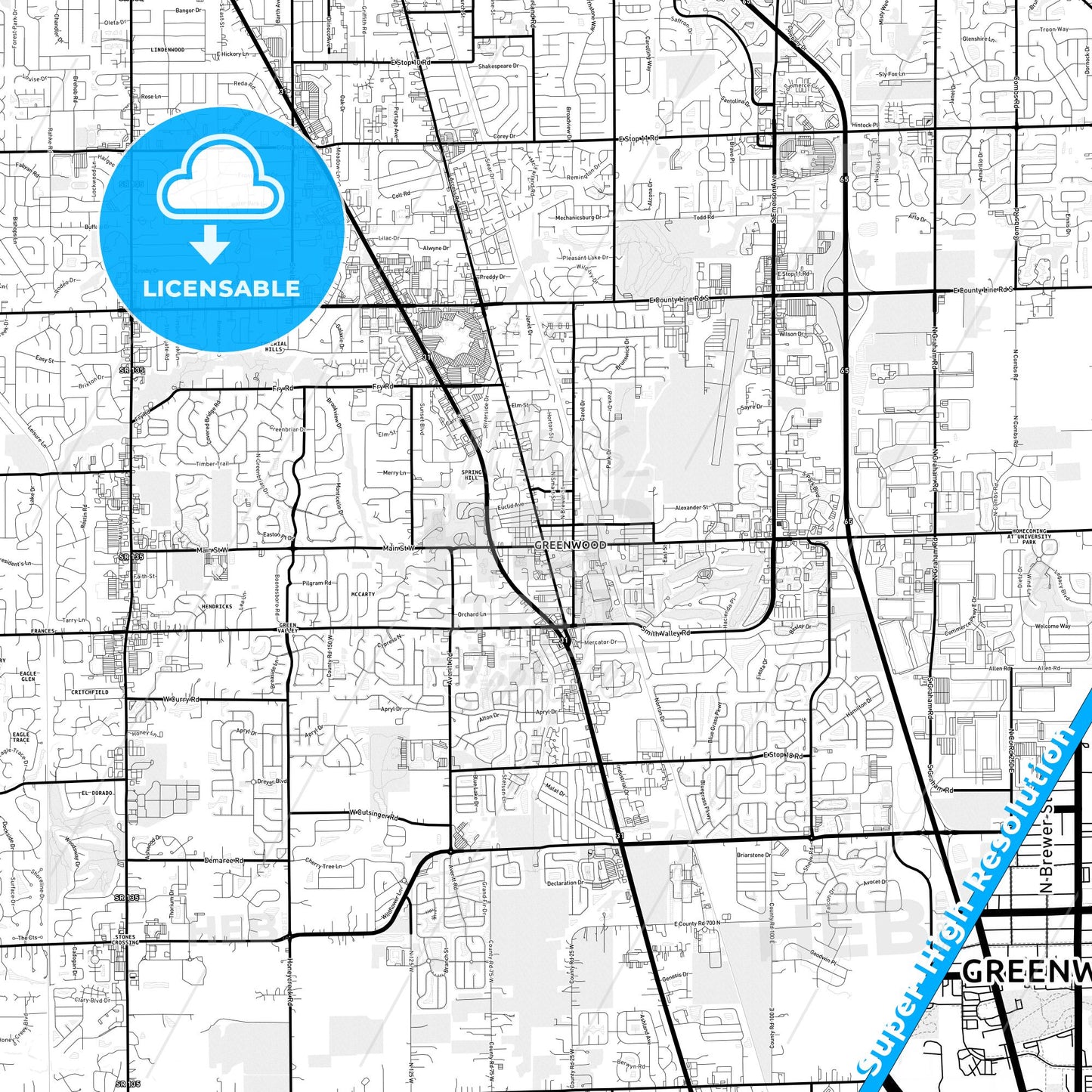 Greenwood, Indiana Light Map with Street Names, City Names, and Districts