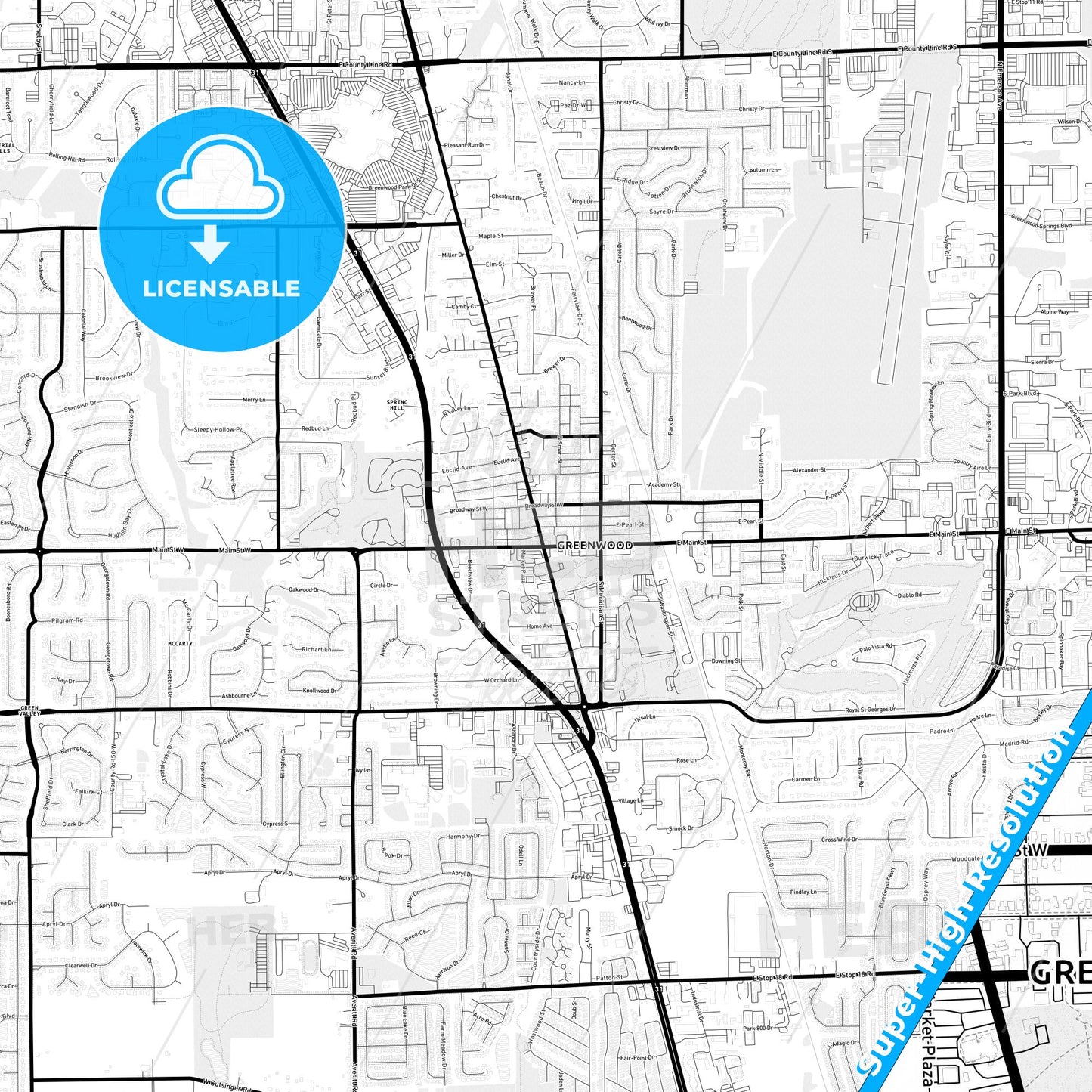Greenwood, Indiana Light Map with Street Names, City Names, and Districts