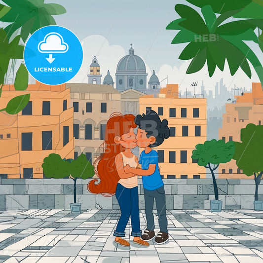 A Cartoon Of A Boy And Girl Kissing On A Rooftop