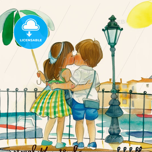 A Boy And Girl Kissing On A Bridge