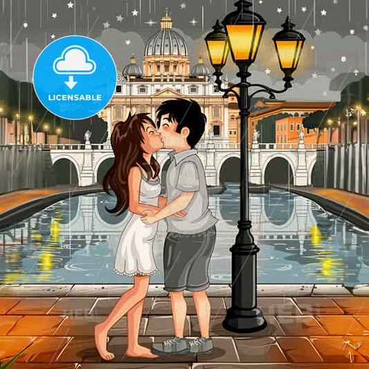 A Cartoon Of A Man And Woman Kissing In Front Of A Pond