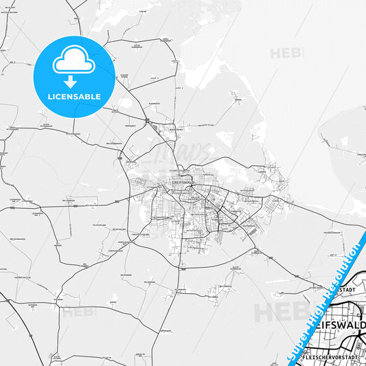 Greifswald, Germany light map with streetnames, citynames and districts